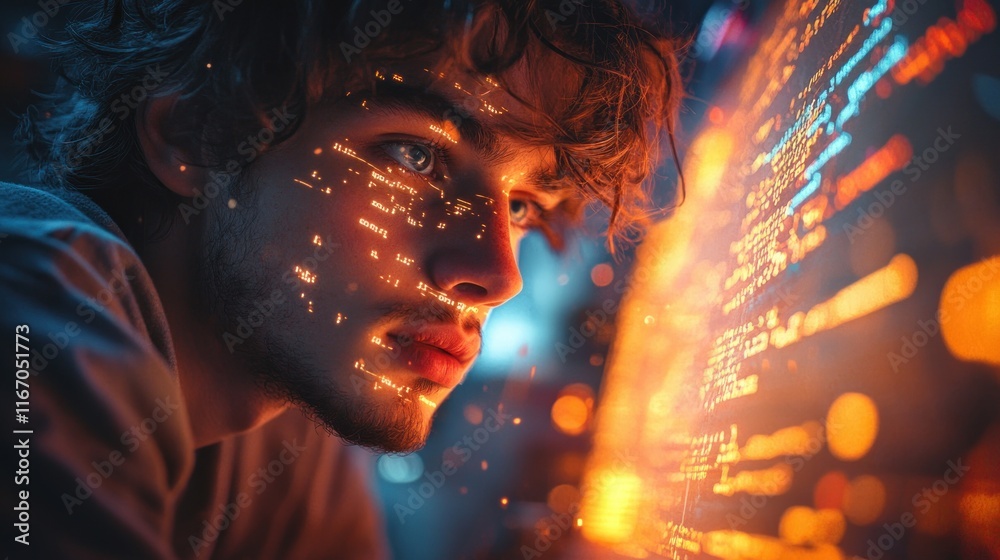 Leinwandbilder Young programmer coding in modern workspace with colorful code displayed on the screen