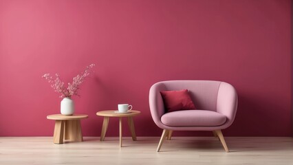 chair and wood side table against empty Raspberry color wall background