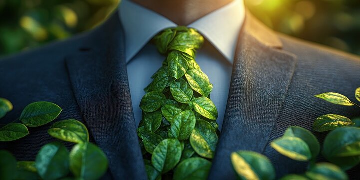 Businessman in suit with green leaf tie promoting sustainability and environmental consciousness
