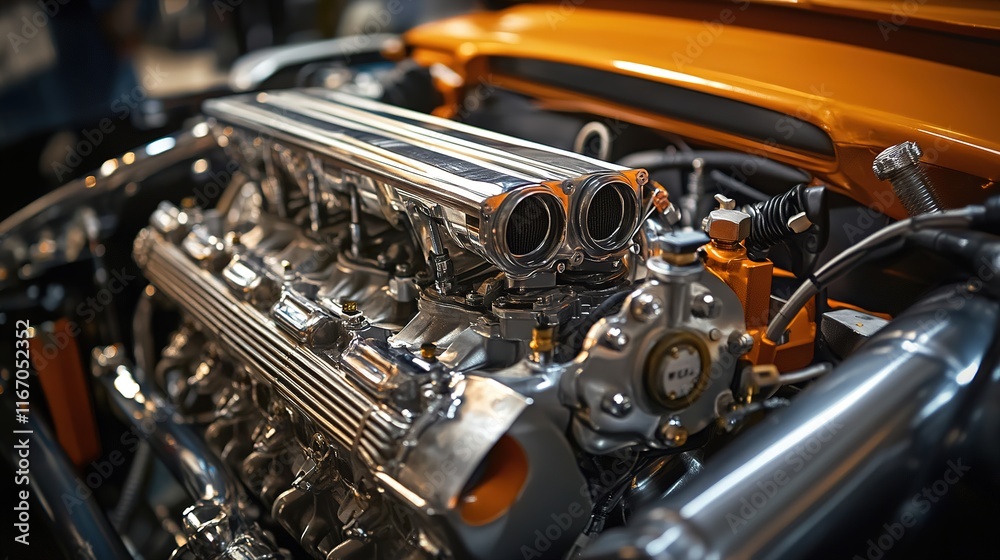 Poster a modular engine being installed in a custom-built car, with multiple configurations.