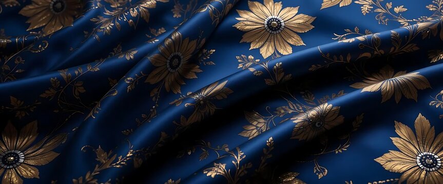 Blue Fabric with Gold Flowers and Leaves Pattern