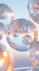 Abstract floating orbs with reflective surfaces and radiant halos.