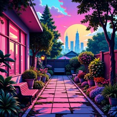 Fototapeta premium urban garden with thaw and bloom, vaporwave aesthetic, cityscape gardening, empty space for text for printing on a T-shirt