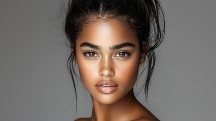 Close up fashion model luminous skin pearl finish dewy complexion neutral tones minimalist aesthetic studio lighting professional capture highly detailed Ultra-Realistic Photo Realistic 
