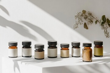 Assorted Bottles of Natural Ingredients in Minimalist Setting