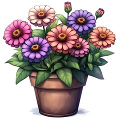 Vibrant Zinnia Flowers in a Terracotta Pot