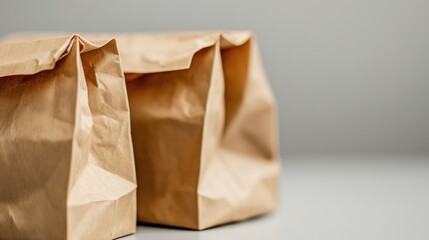 Two crumpled brown paper bags placed on a gray table.