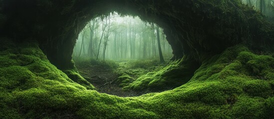 Obraz premium Enchanting mossy forest arch with glowing green moss and lush vegetation leads to a mysterious otherworldly realm of fantasy and imagination Serene