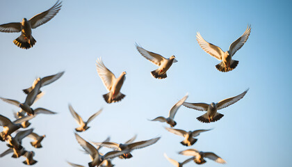 A flock of beautiful flying racing pigeons with a blue sky for their daily training flight, close-up. isolated with white highlights