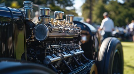 Fototapeta premium An antique engine running smoothly after a complete restoration, showcased at a vintage car event.