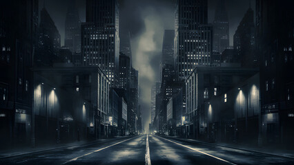 Naklejka premium A black and white view of a city, where the shadows and light create a dramatic scene. 
