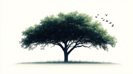 Fototapeta premium Lush green tree with birds flying away on white background.