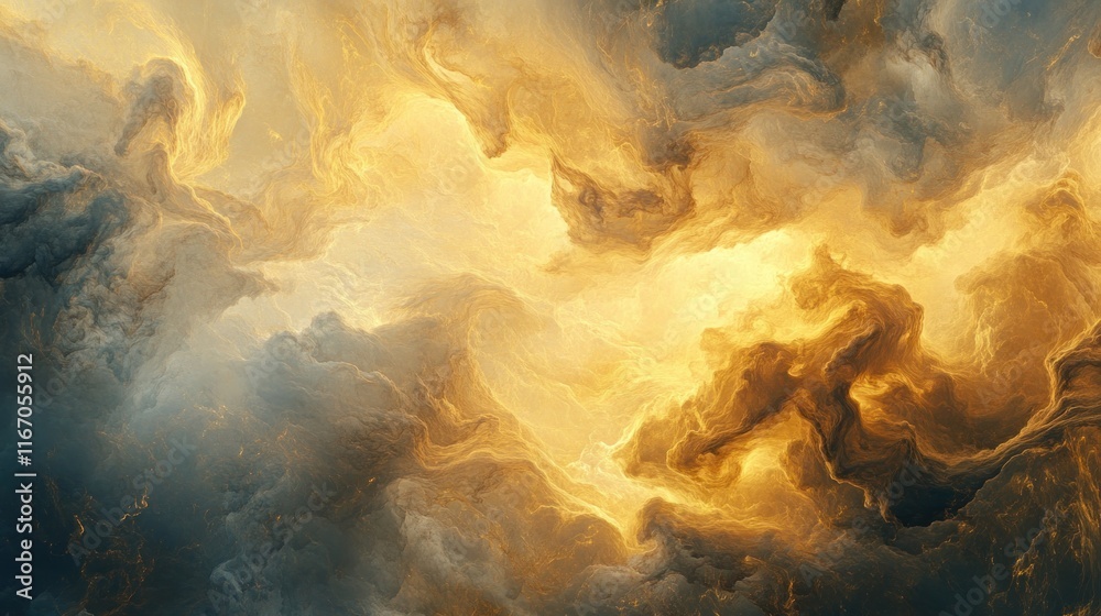 Poster abstract swirling clouds of gold and grey with a sense of movement and energy.