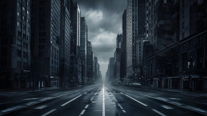 A monochrome cityscape with heavy shadows and bright highlights, giving it a bold and mysterious feel.
