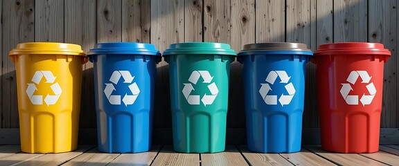 Recycling Bins Lined Up on Wooden Deck with Recycle Symbols