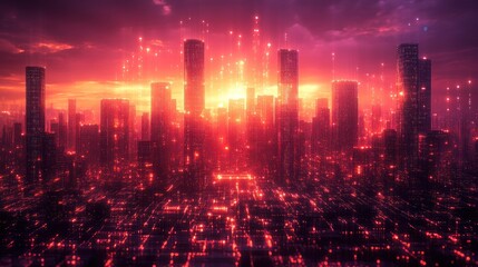 Fototapeta premium Futuristic cityscape with digital elements at sunset.