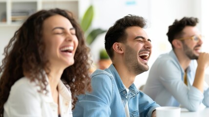 A joyful group laughing together in a bright, modern setting, showcasing happiness and camaraderie.