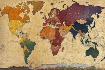 Antique world map, colorful, textured, political borders.