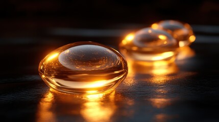 Glowing translucent spheres on dark surface.