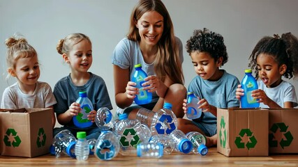 Kids and teacher practicing recycling in eco education space - Powered by Adobe