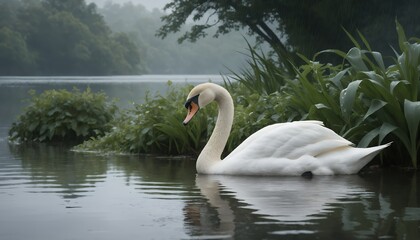 Obraz premium Elegant White Swan Serene Lake Misty Green Foliage Background