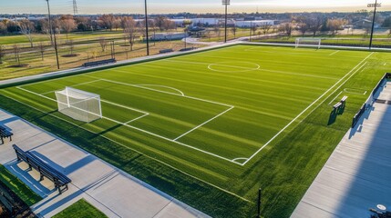 Obraz premium Perpendicular aerial view of an artificial turf soccer field. On the sidelines there are benches. The sports facility is empty.