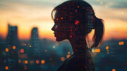 Woman Overlay Cityscape Data Urban Life Digital Information Cyberpunk