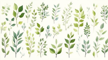 Watercolor greenery collection of various leaves and branches.
