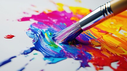 A close-up of a paintbrush mixing vibrant colors on a canvas.