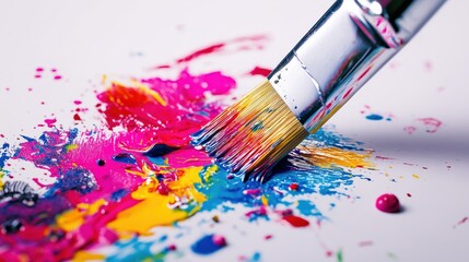 Obraz premium A paintbrush creating a vibrant splash of colors on a white canvas.