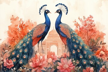 Peacock Illustration Tropical Foliage Architectural Details Indian Traditional Style