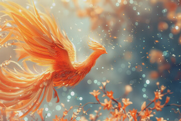 Obraz premium The birth of a new phoenix in the digital space, confident, powerful, radiant, and full of flowers.