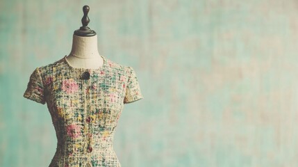 A vintage dress form mannequin stands elegantly, showcasing a floral patterned dress. The softly lit studio adds a serene atmosphere
