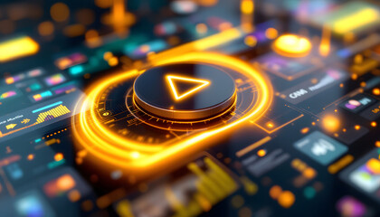 Obraz premium Glowing Play Button on Digital Background, Abstract Video Play Icon with Data Streams, Online Streaming Media Concept Illustration