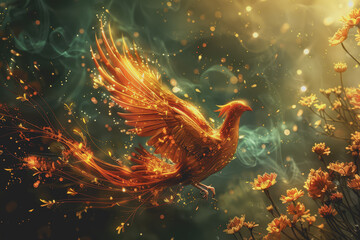 Obraz premium The birth of a new phoenix in the digital space, confident, powerful, radiant, and full of flowers.