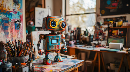 An Imaginative Pop Art Robot Assistant in a Vibrant and Creative Art Studio Environment