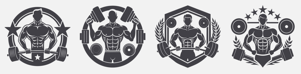 set fitness template design muscular man weightlifting barbells, activity lifestyle recreation sport
