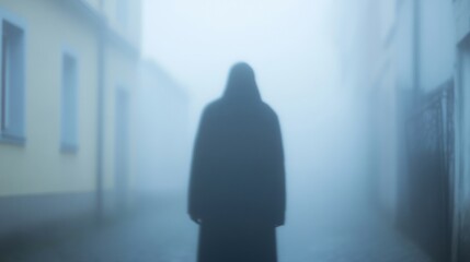 Fototapeta premium A solitary figure cloaked in darkness looms in a foggy alley, surrounded by an atmosphere of mystery and intrigue during twilight