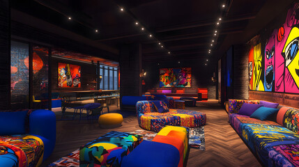 A Dynamic and Engaging Pop Art Themed Coworking Area with Colorful Furniture and Vivid Lighting