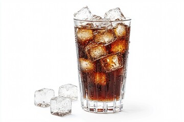 Refreshing Glass of Carbonated Beverage with Ice Cubes on White Background