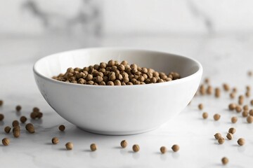 Dried Coriander Seeds in White Bowl with Scatter on Marble Surface