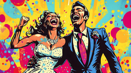 A Joyful Pop Art Wedding Scene featuring Exaggerated Emotions and a riot of Colorful Decorations in...