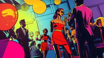 A Colorful Celebration: Pop Art Rooftop Party Featuring Guests in Bright, Bold Outfits and...