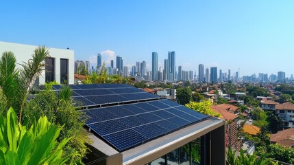 Fototapeta premium photovoltaic panels or solar panels on the roof of an apartment building in a tropical climate with a modern city skyline in background, with clear blue sky, green plants, sustainable energy concept,