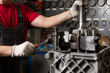 Truck gearbox repair. Selective focus.