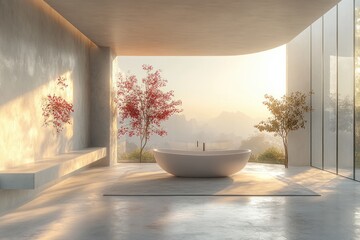 Fototapeta premium Minimalist Beige Bathroom Interior with Large Panoramic Window and Glass Shower Design