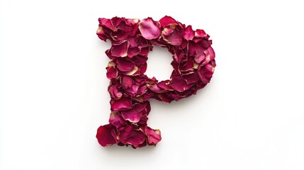 Letter P crafted from dry red rose petals on a white background, showcasing nature-inspired typography and floral design elements.