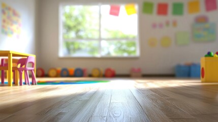 Bright, colorful preschool classroom with toys and sunlight streaming through window.