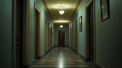 Elegant Neoclassical Hotel Corridor with Decorative Frescoes and Soft Lighting