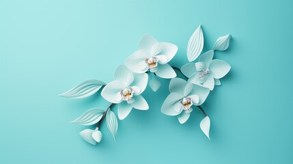 Fototapeta premium Paper cut of a single orchid, empty space in the middle, backlighting, light yellow background,generative ai illustration